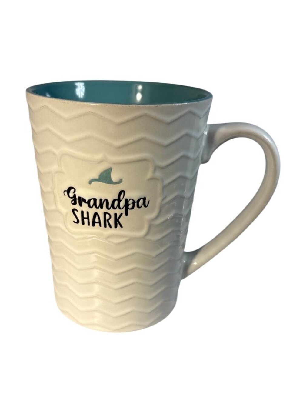 Grandpa Shark Coffee Mug Ceramic Chevron Texture Teal Interior 5" Tall